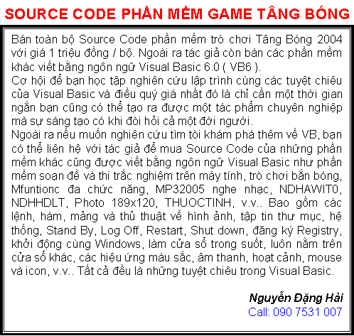 Source code phần mềm trò chơi tâng bóng - game tang bong tabo2004.